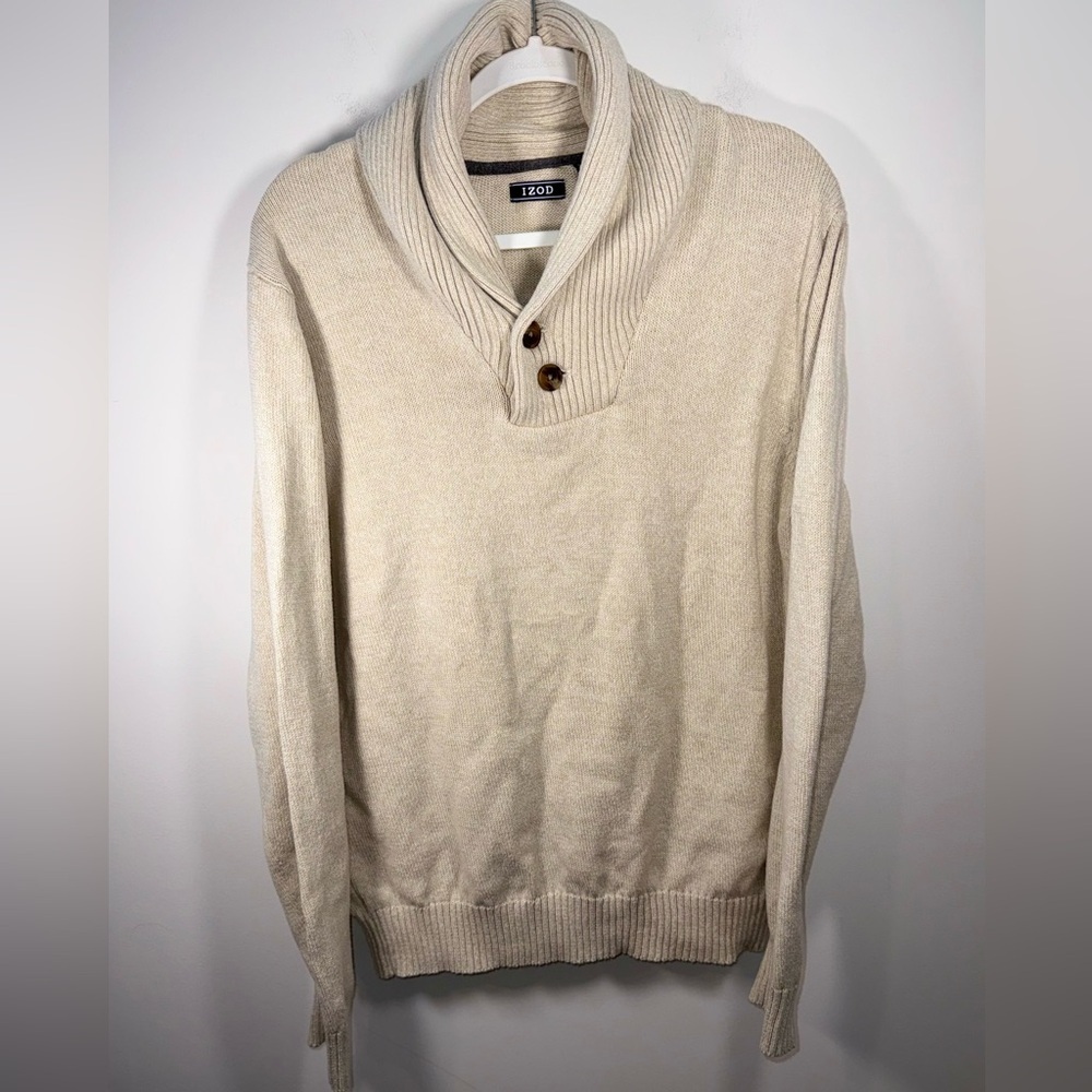 Izod Men’s Cream Turtleneck Button Cottagecore Knit Pullover Sweater Size Large